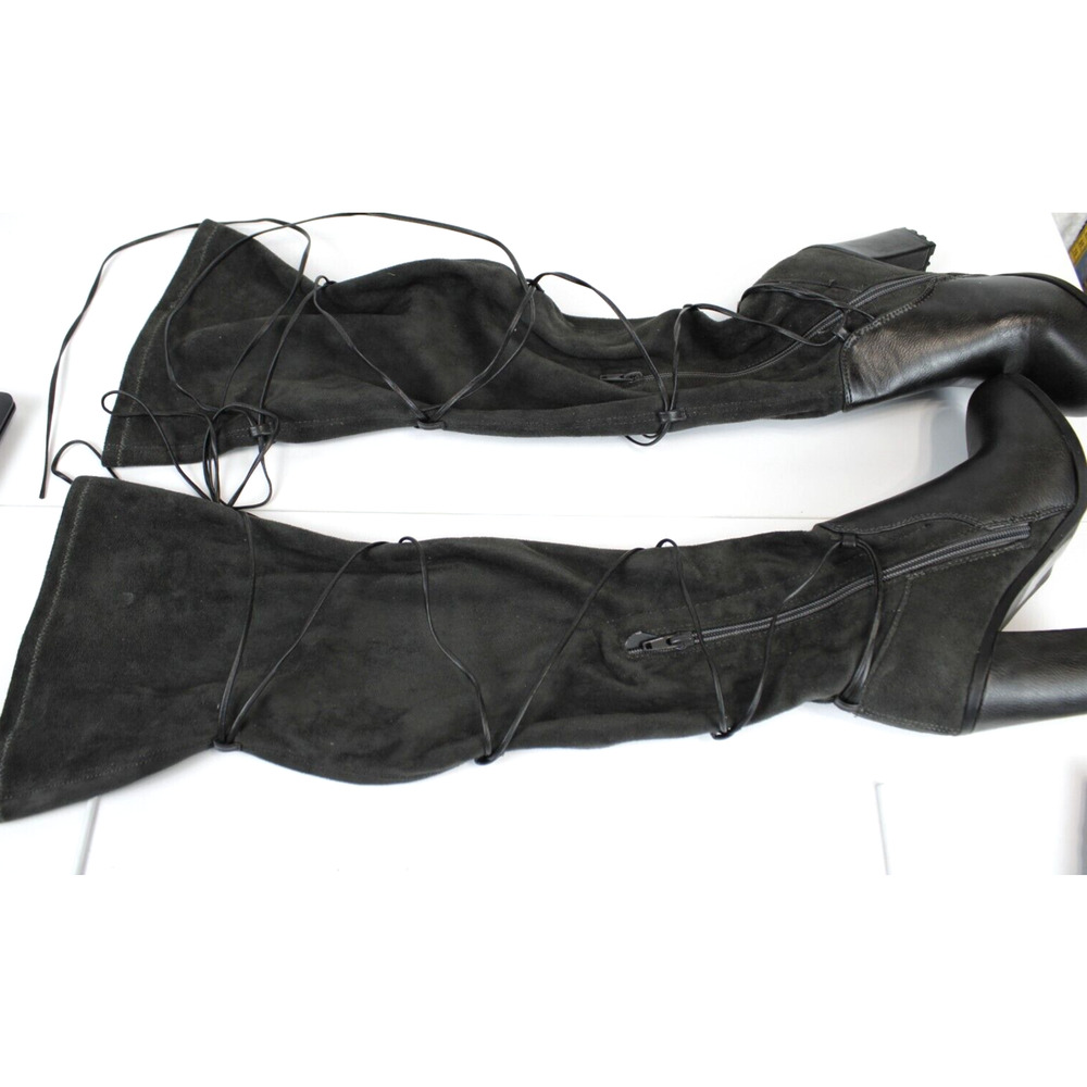 Leila Stone Rayne Suede Lace Up Zip Tall Boots Women 6 Block Heel 3.5" Dark Gray - Picture 14 of 15